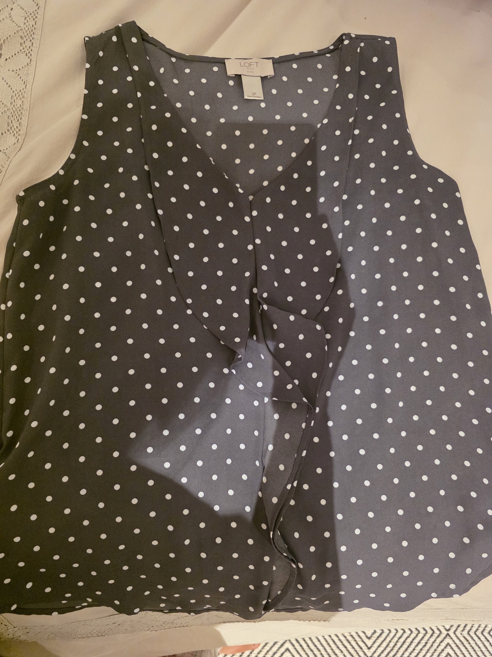 LOFT Grey & White Polka Dot Sleeveless Ruffle Front Camisole